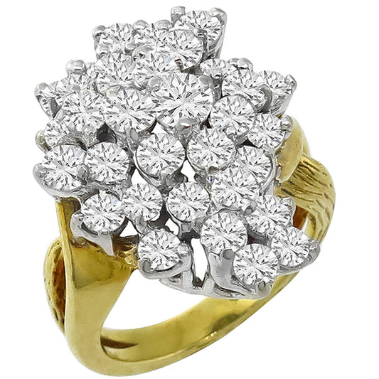 Estate 3.25ct Round Cut Diamond Cluster 18k Yellow & White  Gold Cocktail Ring