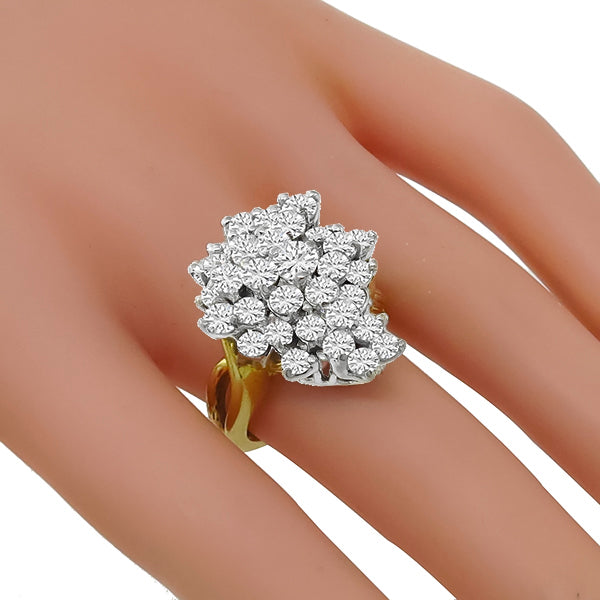 Estate 3.25ct Round Cut Diamond Cluster 18k Yellow & White  Gold Cocktail Ring