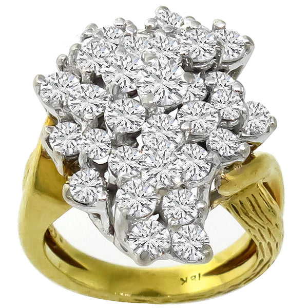 Estate 3.25ct Round Cut Diamond Cluster 18k Yellow & White  Gold Cocktail Ring