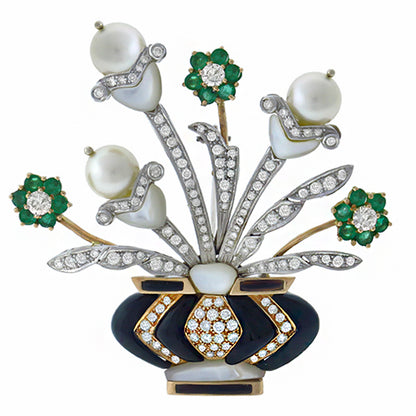 3.50ct Diamond Emerald Pearl Onyx & Mother of Pearl Floral Vase Pin