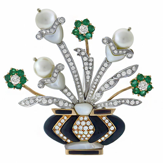 3.50ct Diamond Emerald Pearl Onyx & Mother of Pearl Floral Vase Pin
