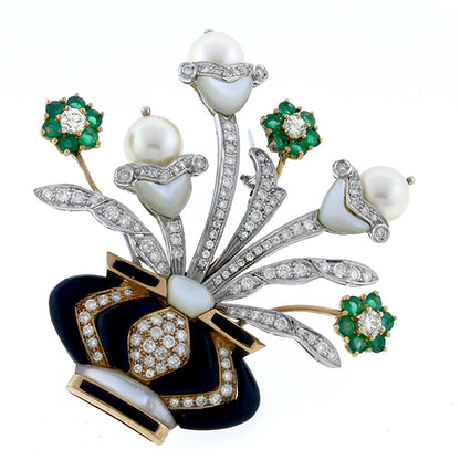 3.50ct Diamond Emerald Pearl Onyx & Mother of Pearl Floral Vase Pin