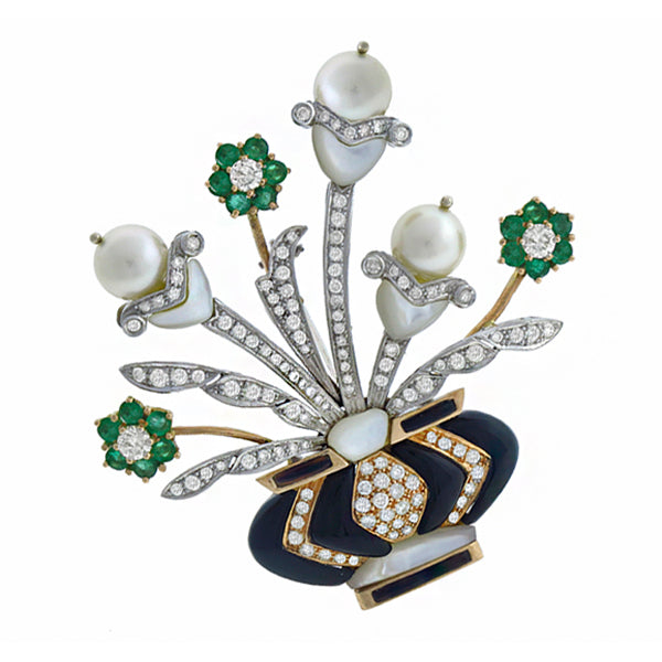 3.50ct Diamond Emerald Pearl Onyx & Mother of Pearl Floral Vase Pin