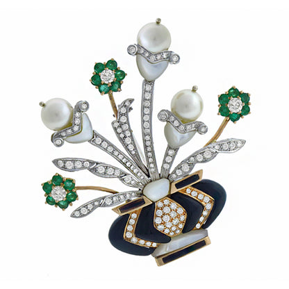 3.50ct Diamond Emerald Pearl Onyx & Mother of Pearl Floral Vase Pin