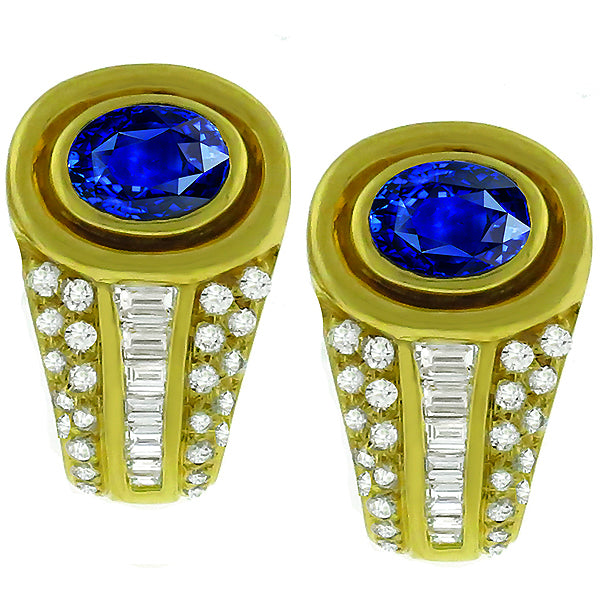 Oval Sapphire and Diamond Baguette Yellow Gold Earrings