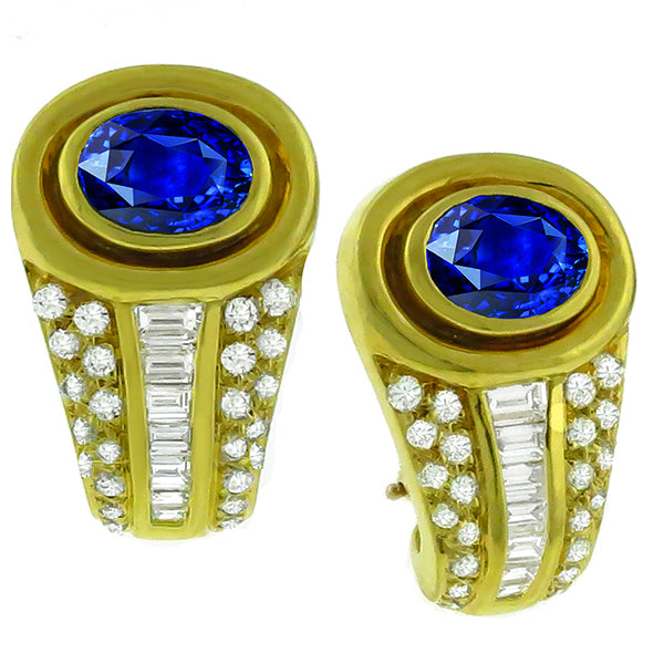 Oval Sapphire and Diamond Baguette Yellow Gold Earrings
