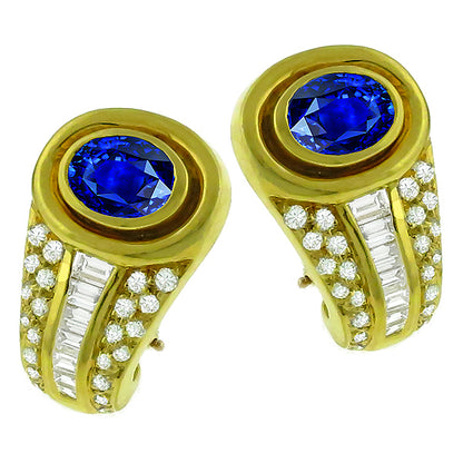 Oval Sapphire and Diamond Baguette Yellow Gold Earrings