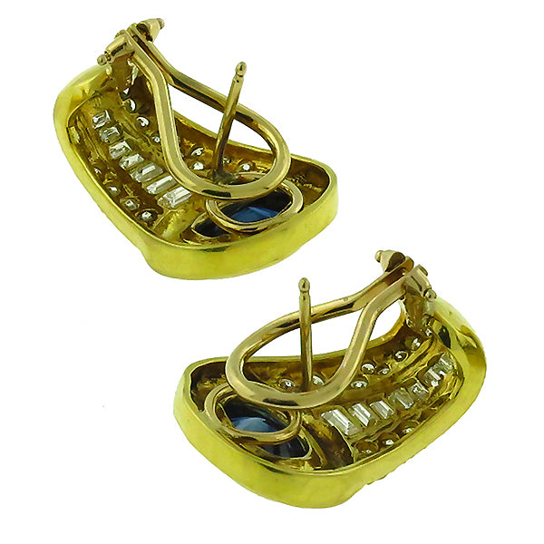 Oval Sapphire and Diamond Baguette Yellow Gold Earrings