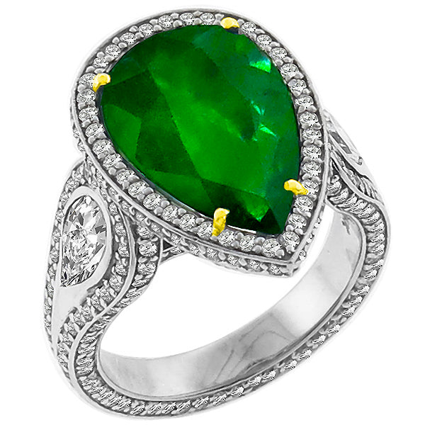 Peat Shape Emerald And Round Cut Diamond 14k White Gold Ring Pave Set