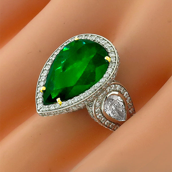 Peat Shape Emerald And Round Cut Diamond 14k White Gold Ring Pave Set