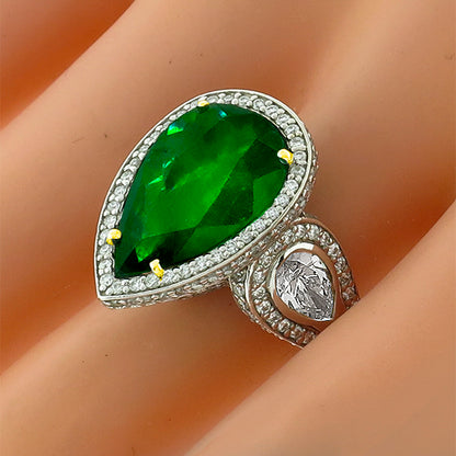 Peat Shape Emerald And Round Cut Diamond 14k White Gold Ring Pave Set