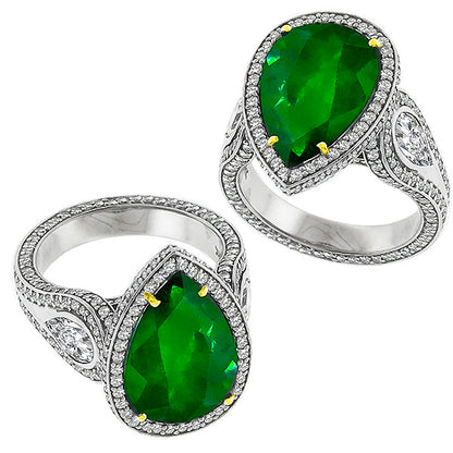 Peat Shape Emerald And Round Cut Diamond 14k White Gold Ring Pave Set