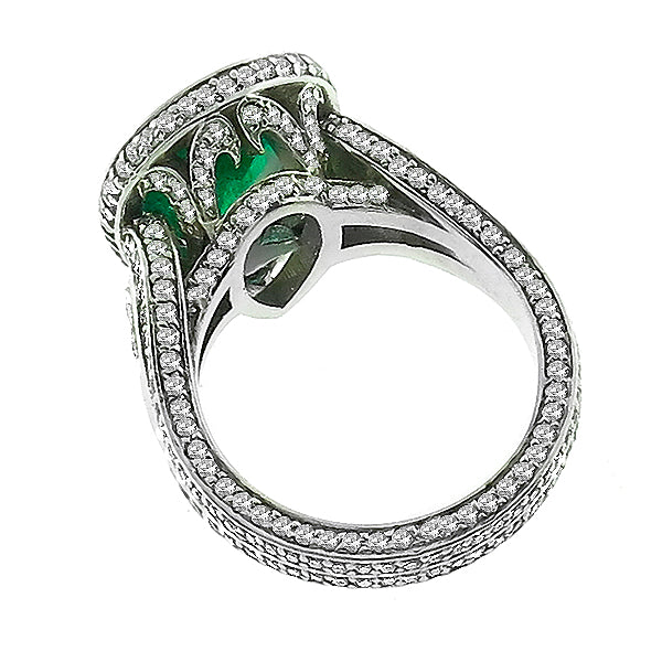 Peat Shape Emerald And Round Cut Diamond 14k White Gold Ring Pave Set
