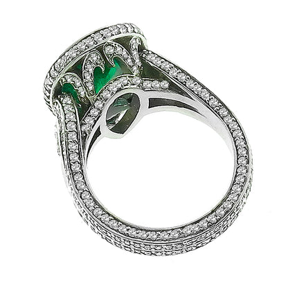 Peat Shape Emerald And Round Cut Diamond 14k White Gold Ring Pave Set