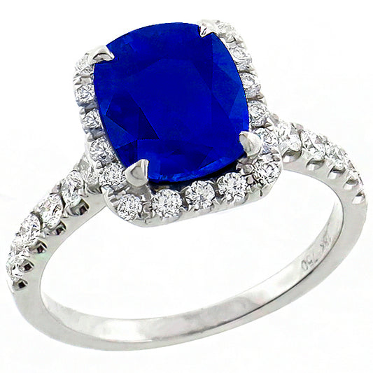 Estate 3.88ct Cushion Cut Ceylon Sapphire Diamond 18k White Gold Ring