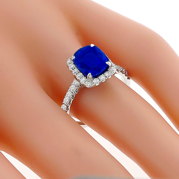 Estate 3.88ct Cushion Cut Ceylon Sapphire Diamond 18k White Gold Ring