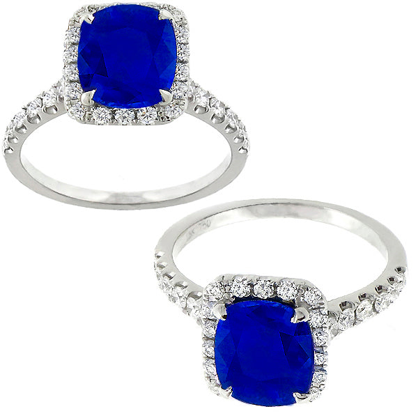 Estate 3.88ct Cushion Cut Ceylon Sapphire Diamond 18k White Gold Ring