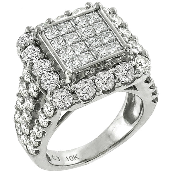 Estate 4.00ct Invisible Set Princess & Round cut Diamond 10k White Gold Ring