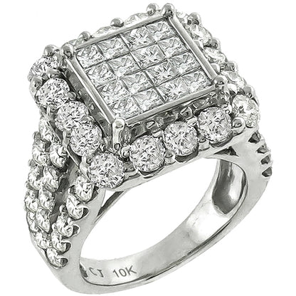 Estate 4.00ct Invisible Set Princess & Round cut Diamond 10k White Gold Ring