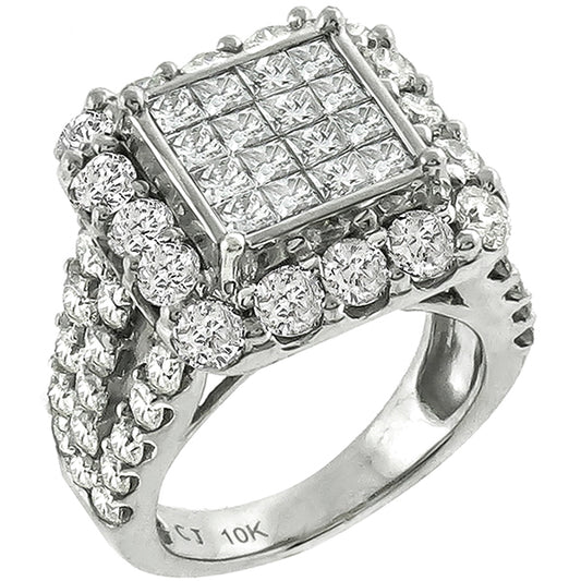Estate 4.00ct Invisible Set Princess & Round cut Diamond 10k White Gold Ring