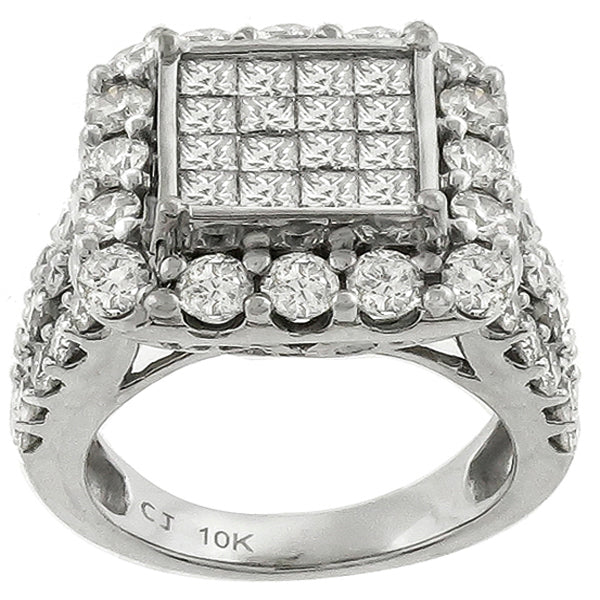 Estate 4.00ct Invisible Set Princess & Round cut Diamond 10k White Gold Ring