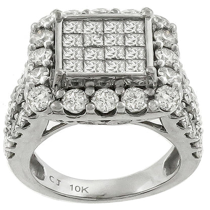 Estate 4.00ct Invisible Set Princess & Round cut Diamond 10k White Gold Ring