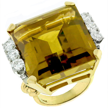 50.00 Emerald Cut Citrine 1.80ct Round Cut Diamond 14k Yellow Gold Cocktail Ring