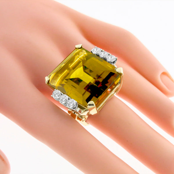 50.00 Emerald Cut Citrine 1.80ct Round Cut Diamond 14k Yellow Gold Cocktail Ring