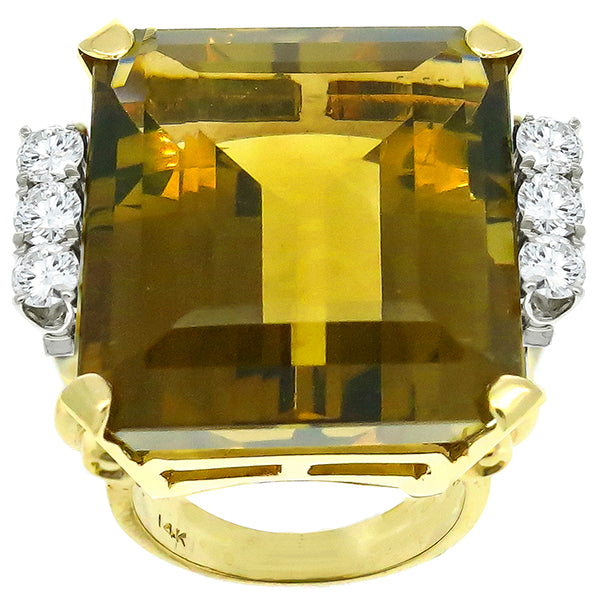 50.00 Emerald Cut Citrine 1.80ct Round Cut Diamond 14k Yellow Gold Cocktail Ring