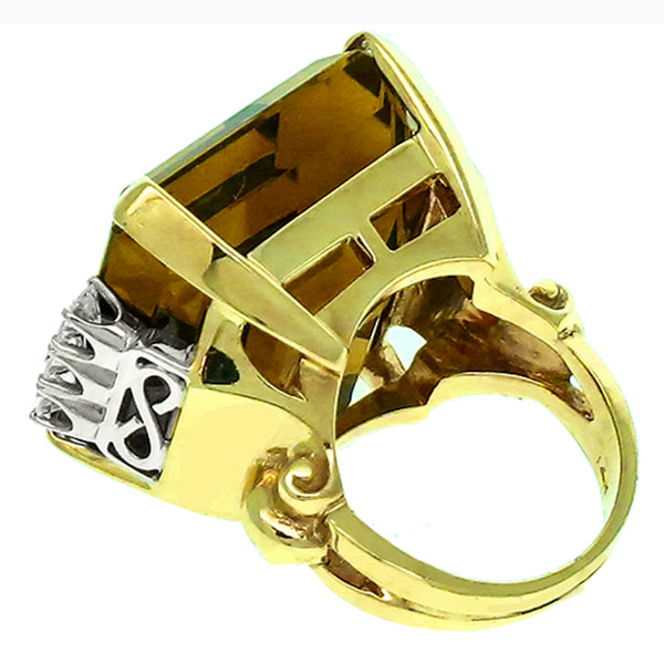 50.00 Emerald Cut Citrine 1.80ct Round Cut Diamond 14k Yellow Gold Cocktail Ring