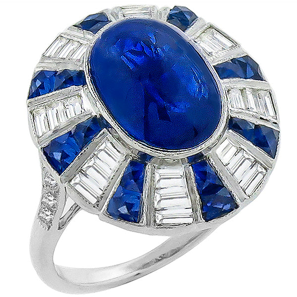 Estate 5.80ct Cabochon Center Sapphire 0.93ct Baguette Diamond 18k White Gold Ri