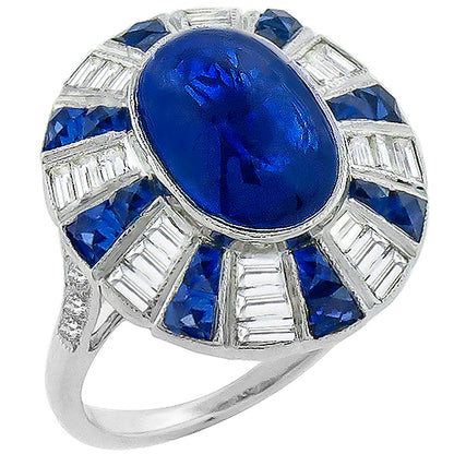 Estate 5.80ct Cabochon Center Sapphire 0.93ct Baguette Diamond 18k White Gold Ri