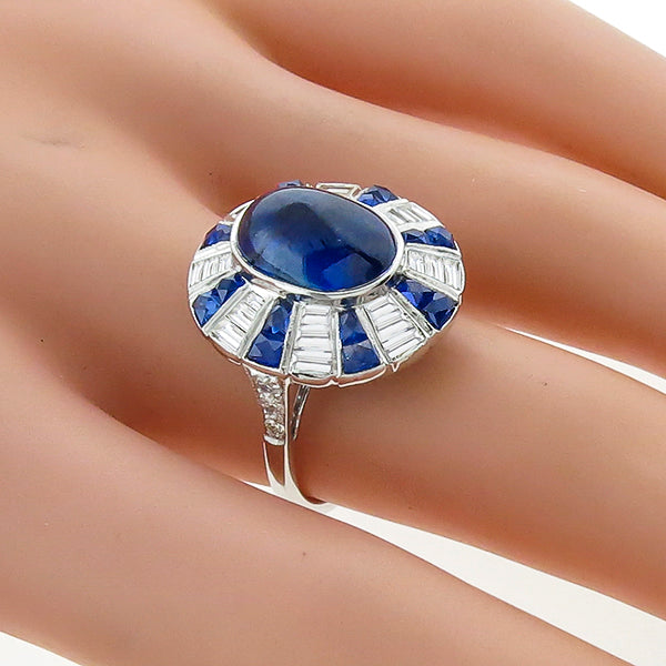 Estate 5.80ct Cabochon Center Sapphire 0.93ct Baguette Diamond 18k White Gold Ri
