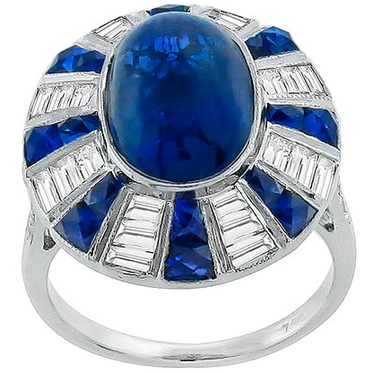 Estate 5.80ct Cabochon Center Sapphire 0.93ct Baguette Diamond 18k White Gold Ri