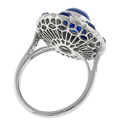 Estate 5.80ct Cabochon Center Sapphire 0.93ct Baguette Diamond 18k White Gold Ri