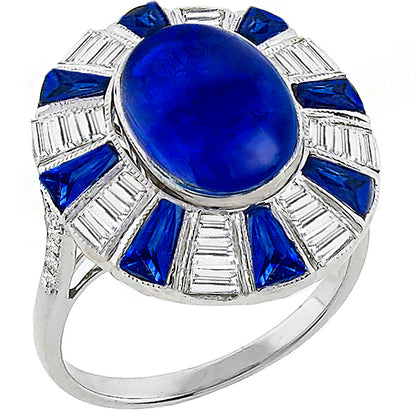 Cabochon Oval Center Sapphire and Baguette Diamond Ring in 18k White Gold Ring