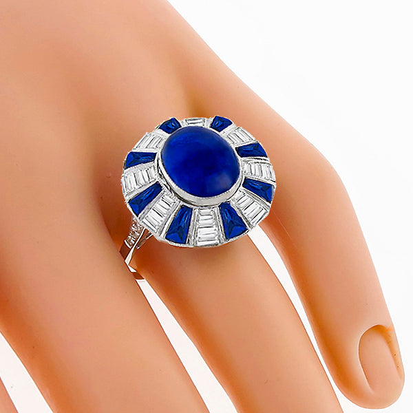 Cabochon Oval Center Sapphire and Baguette Diamond Ring in 18k White Gold Ring