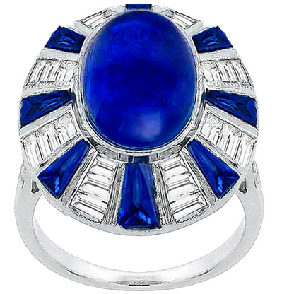 Cabochon Oval Center Sapphire and Baguette Diamond Ring in 18k White Gold Ring