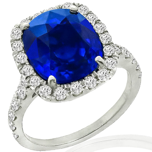AGTA Certfied 6.03ct Cushion Cut Sapphire and Diamond Platinum Engagement Ring