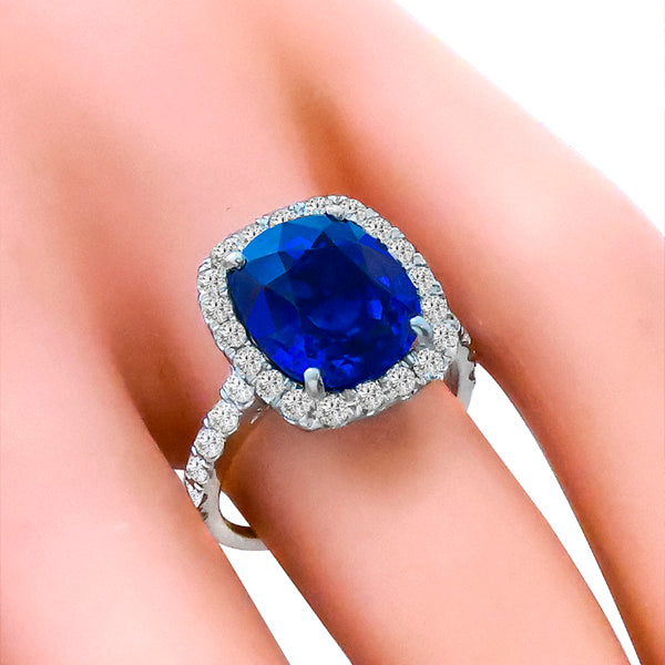 AGTA Certfied 6.03ct Cushion Cut Sapphire and Diamond Platinum Engagement Ring
