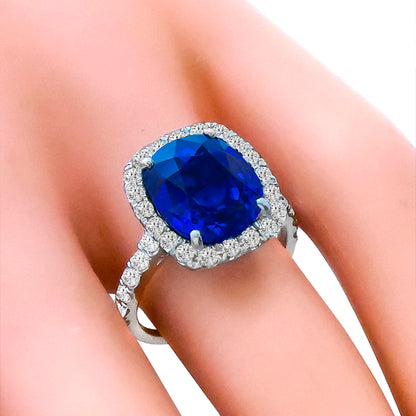 AGTA Certfied 6.03ct Cushion Cut Sapphire and Diamond Platinum Engagement Ring