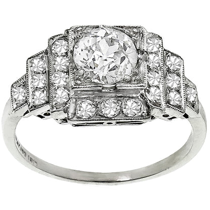 Estate Antique Art Deco 0.77ct Old Mine Cut Diamond Platinum Engagement Ring