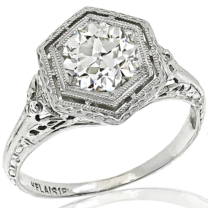 Edwardian GIA Certified 0.72ct Round Diamond 18k White Gold Engagement Ring