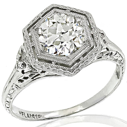 Edwardian GIA Certified 0.72ct Round Diamond 18k White Gold Engagement Ring