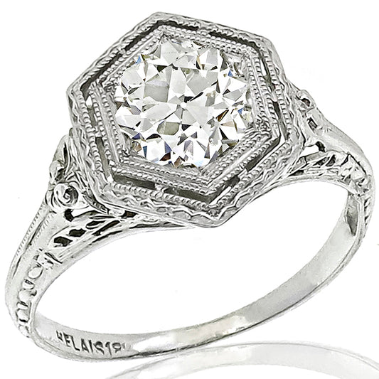 Edwardian GIA Certified 0.72ct Round Diamond 18k White Gold Engagement Ring