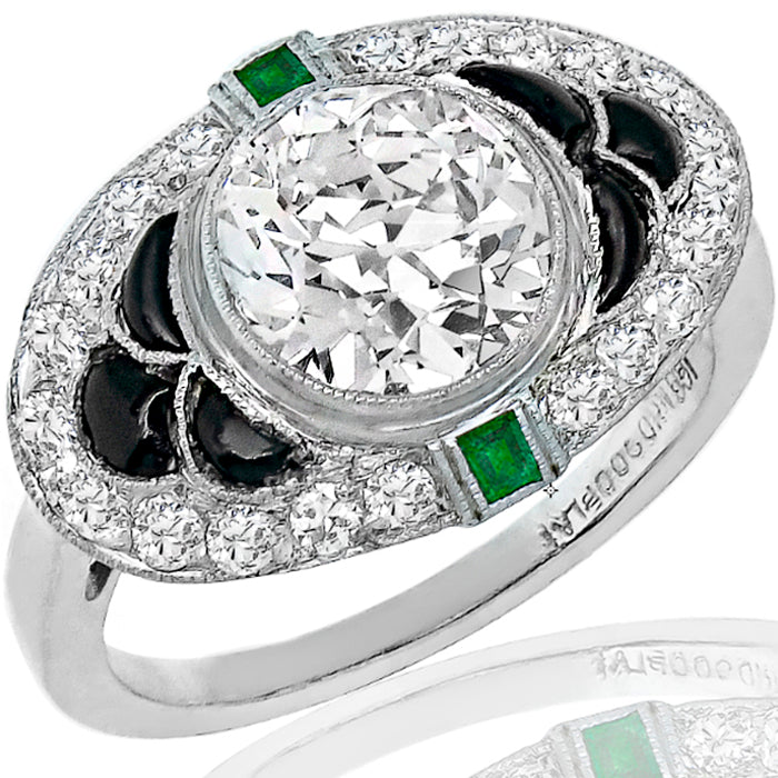 Art Deco GIA Certified Cushion Cut Diamond Onyx Emerald Platinum Ring