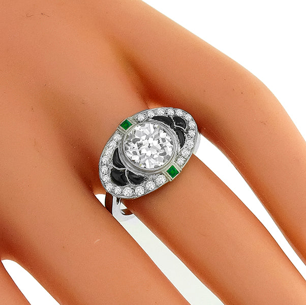 Art Deco GIA Certified Cushion Cut Diamond Onyx Emerald Platinum Ring