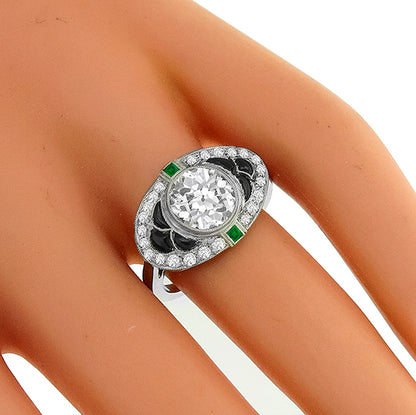 Art Deco GIA Certified Cushion Cut Diamond Onyx Emerald Platinum Ring