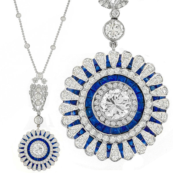 Art Deco Style 2.18ct Old Mine Cut Diamond and Sapphire Circular Pendant