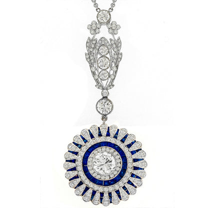 Art Deco Style 2.18ct Old Mine Cut Diamond and Sapphire Circular Pendant